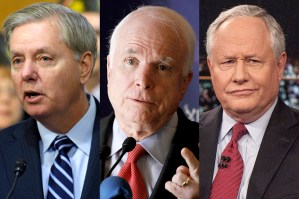 Even John McCain (middle) might blanch at being bookended by "warriors" Lindsey Graham (left) and Bill Kristol (right)